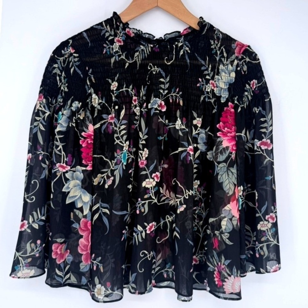 Plenty by Tracy Reese Floral Smocked  Blouse Black Pink XS Whimsigoth Ethereal